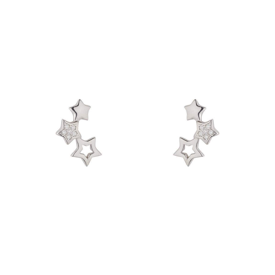 silver triple star ear climber earrings on white background