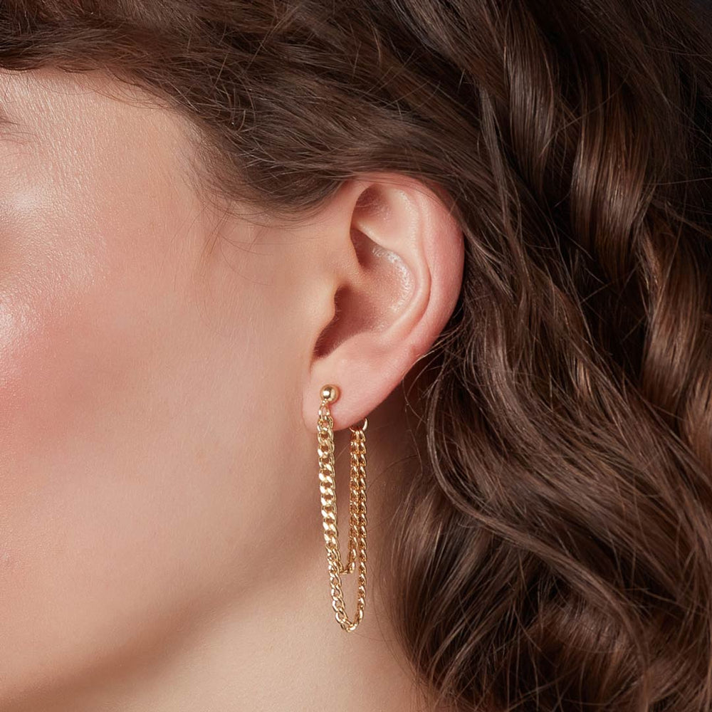 Gold Plated Curb Chain Earrings on model