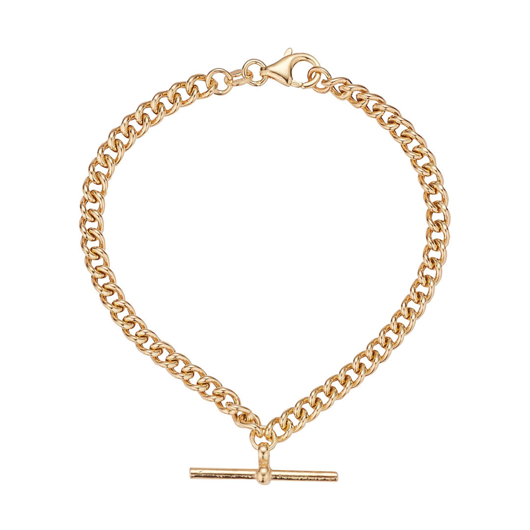 gold plated t-bar bracelet on white background