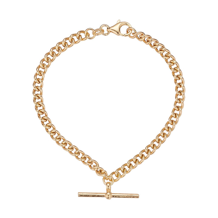 gold plated t-bar bracelet on white background