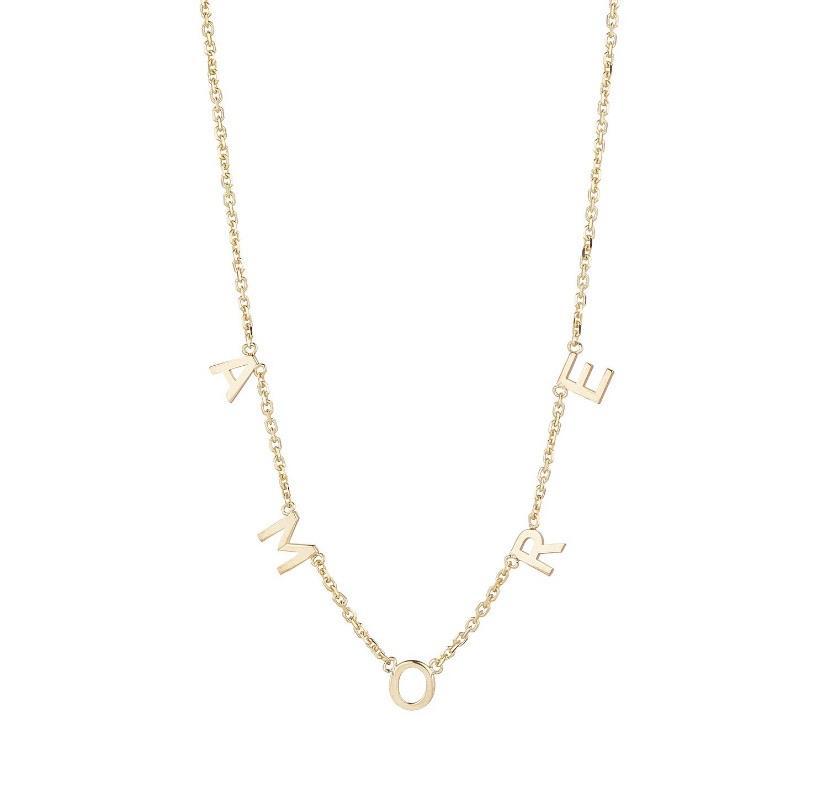 9ct gold amore necklace on white background