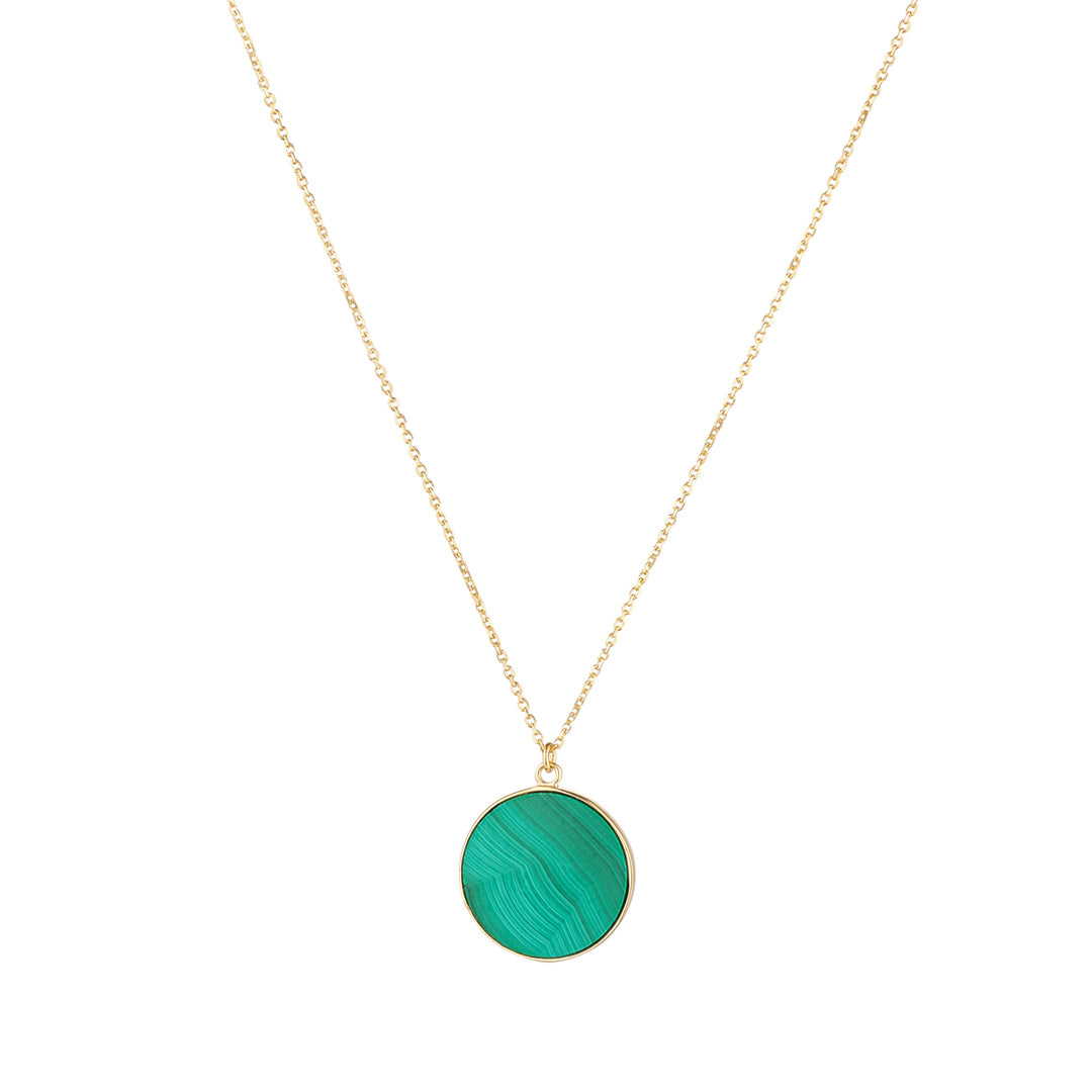 9ct gold malachite disc pendant on white background