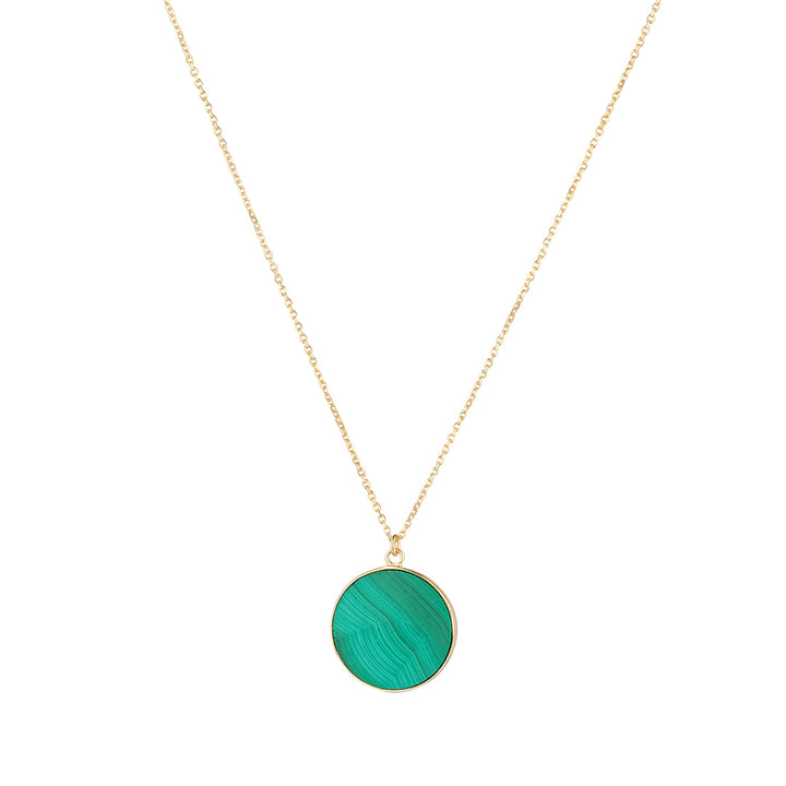 9ct gold malachite disc pendant on white background