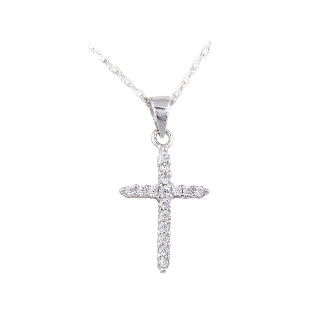cz set silver cross pendant on white background