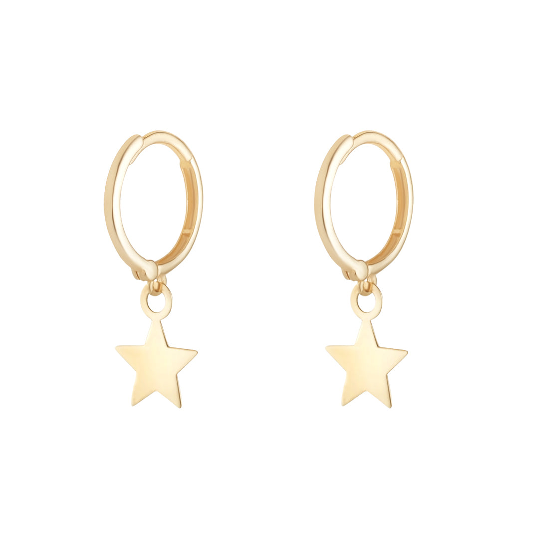 9ct gold hoop earrings with star drop on white background