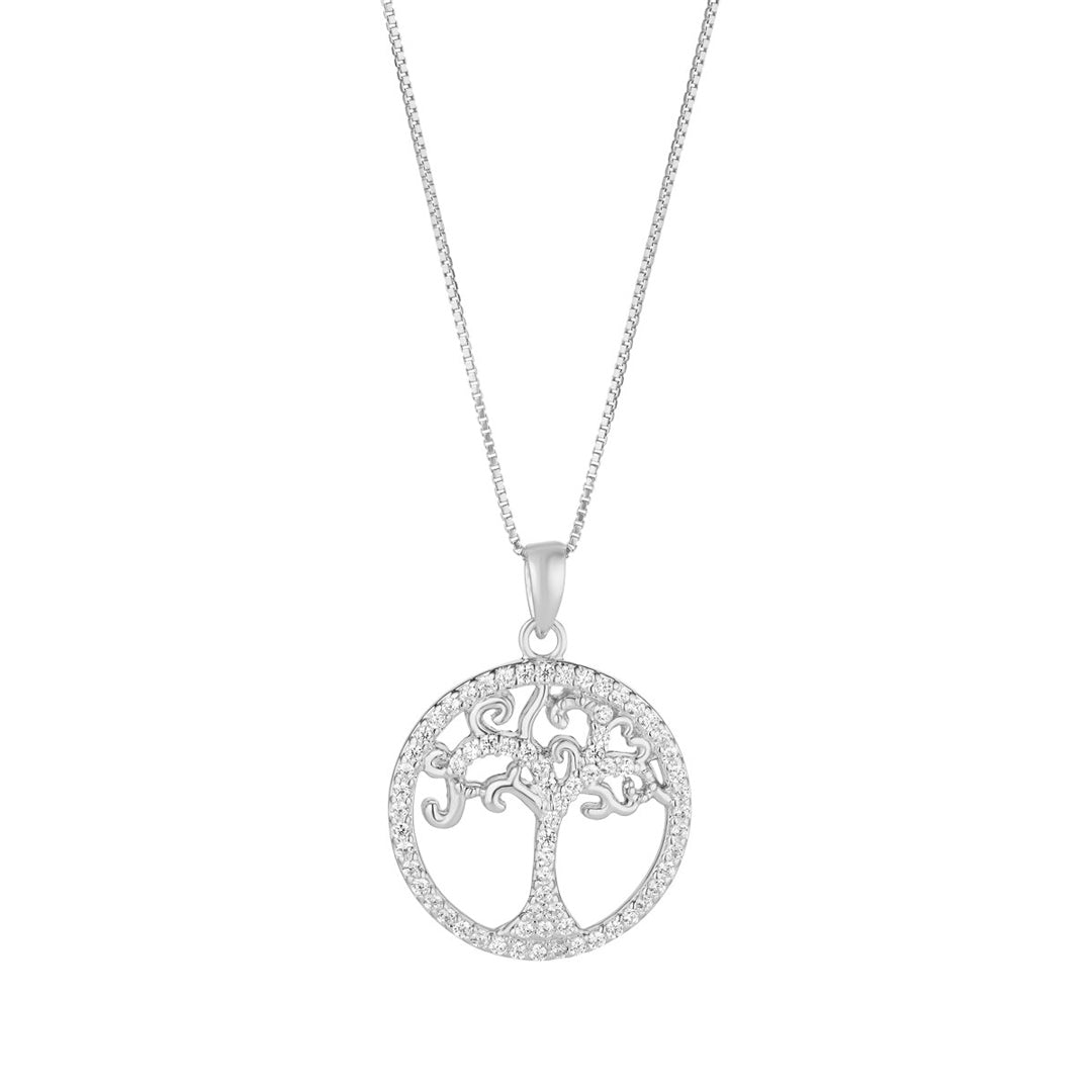 silver tree of life pendant on white background