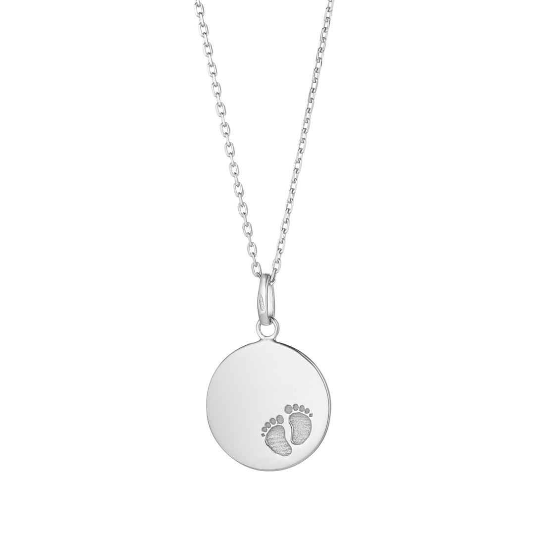 white gold baby footprint solid disc pendant on white background