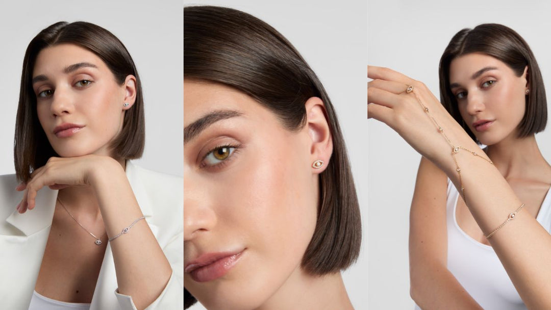 model wearing 18ct gold plated sterling silver evil eye jewellery collection