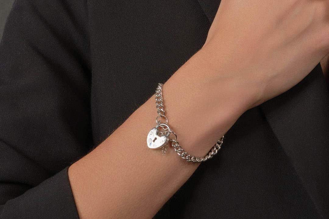 silver bracelet on a model's wrist