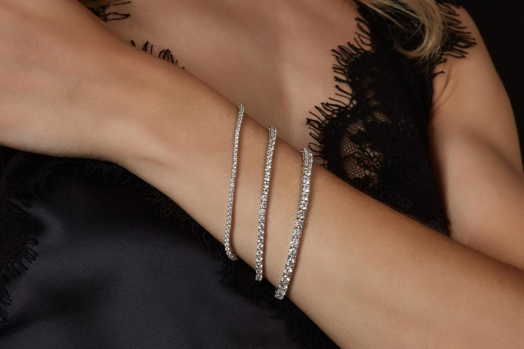tennis bracelets set on a model's hand