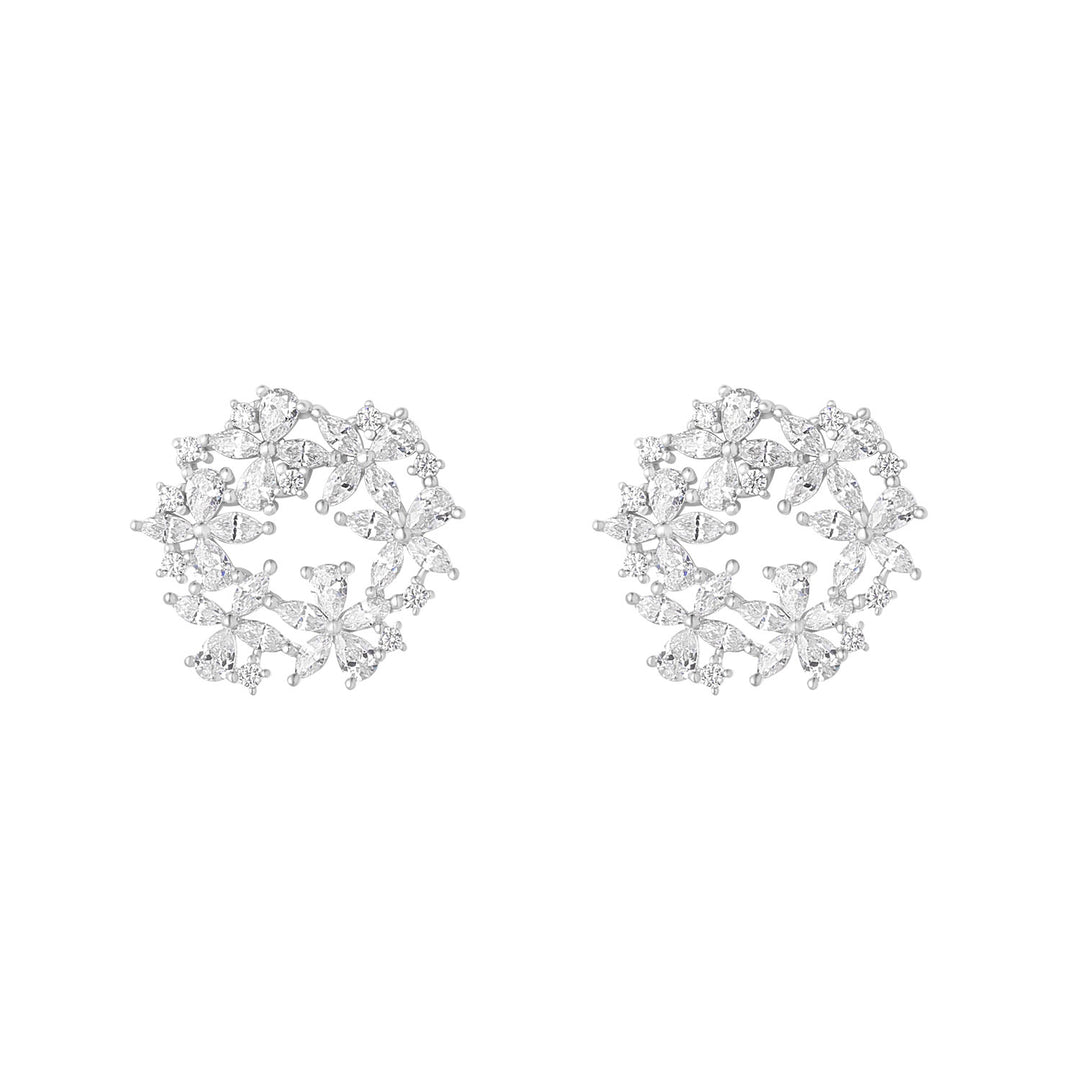Silver Cubic Zirconia Flower Cluster Stud Earrings