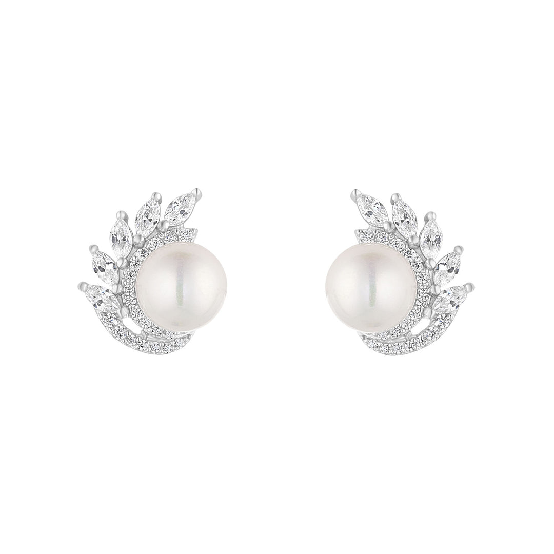 Silver Pearl Cubic Zirconia Cluster Stud Earrings