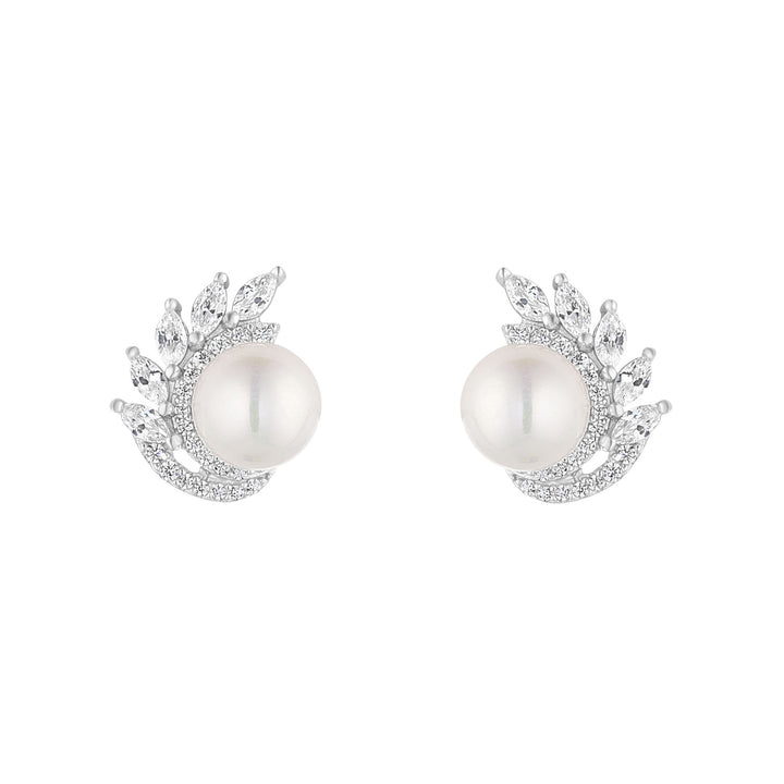 Silver Pearl Cubic Zirconia Cluster Stud Earrings