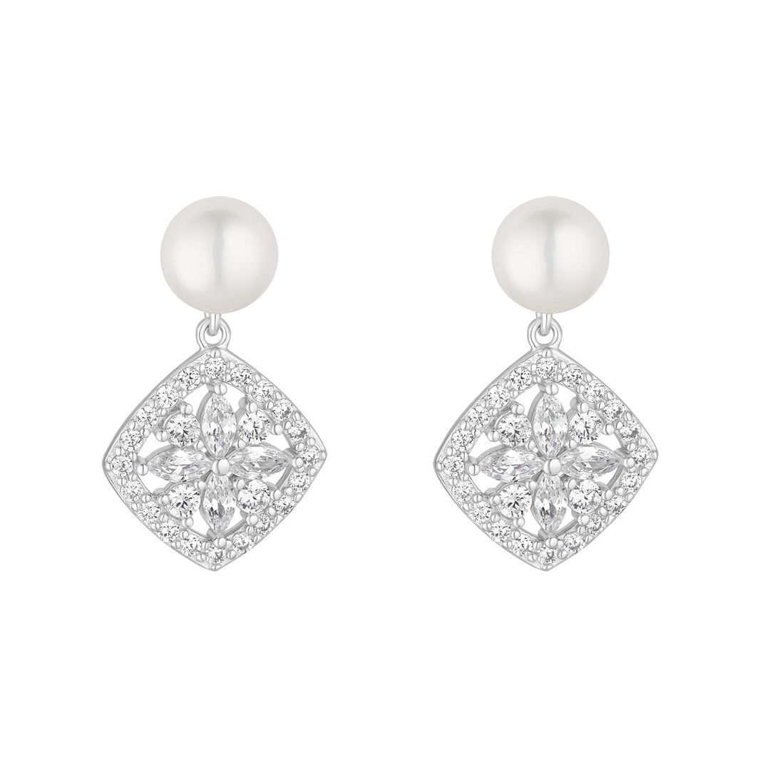 Silver Art Deco Cubic Zirconia & Pearl Drop Earrings