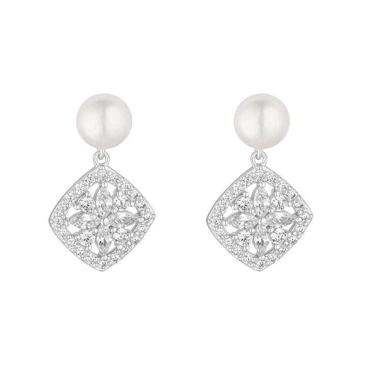 Silver Art Deco Cubic Zirconia & Pearl Drop Earrings
