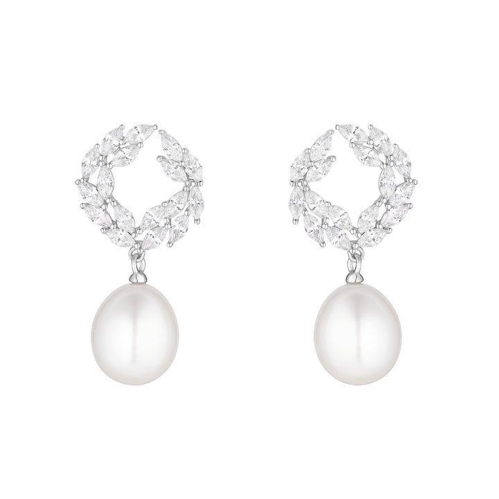 Silver Cubic Zirconia Cluster Pearl Drop Earrings