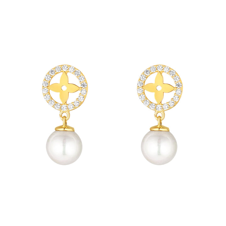 18ct Gold plated Sterling Silver CZ Flower Pearl Drop Earrings