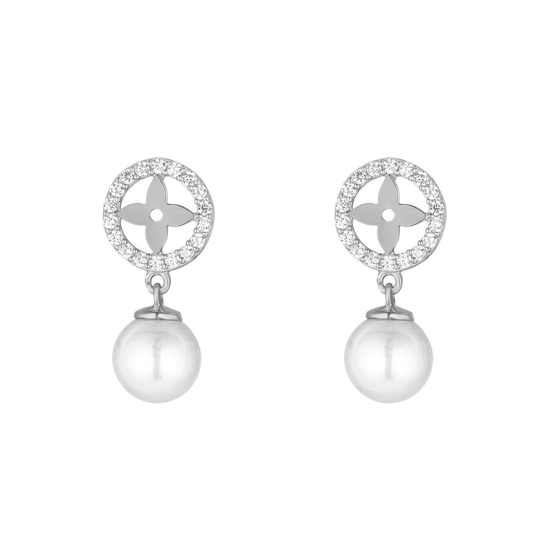 Sterling Silver CZ L.V. Flower Pearl Drop Earrings