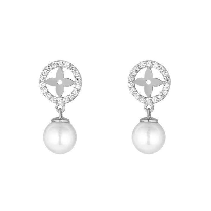 Sterling Silver CZ Flower Pearl Drop Earrings