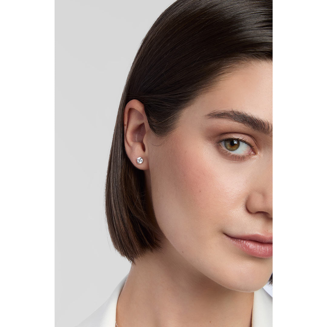 model wearing silver interchangeable earrings