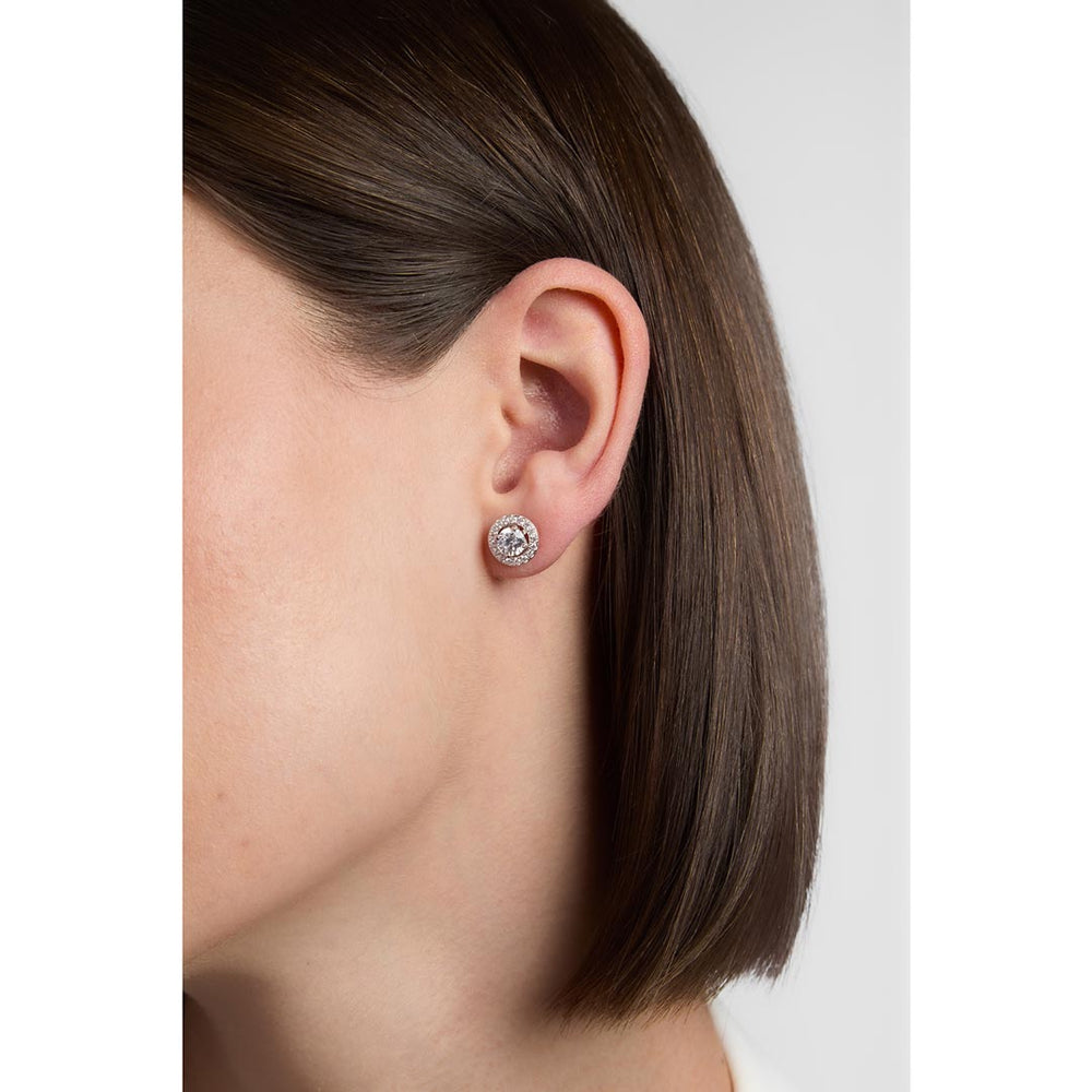 model wearing silver interchangeable earrings