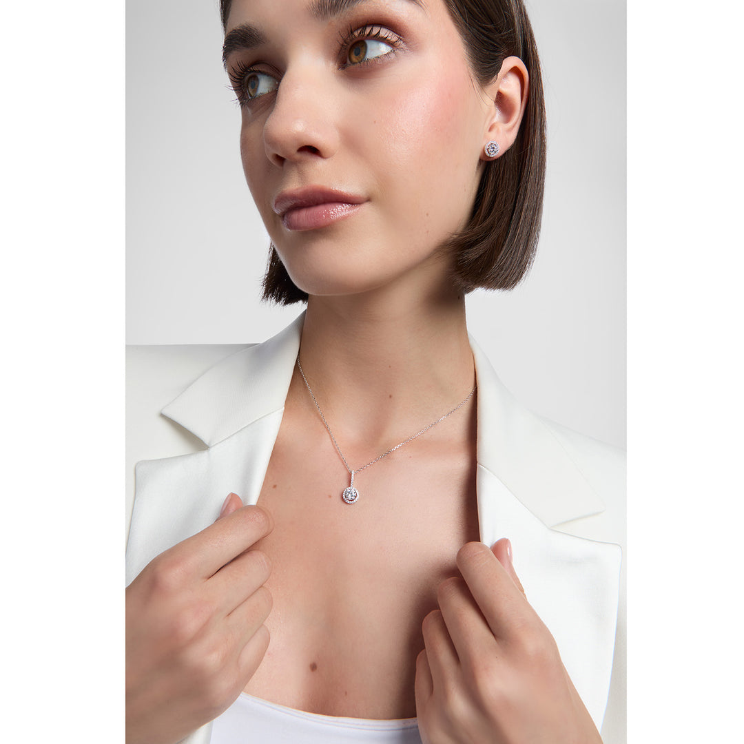 model wearing sterling Silver CZ Drop Pendant