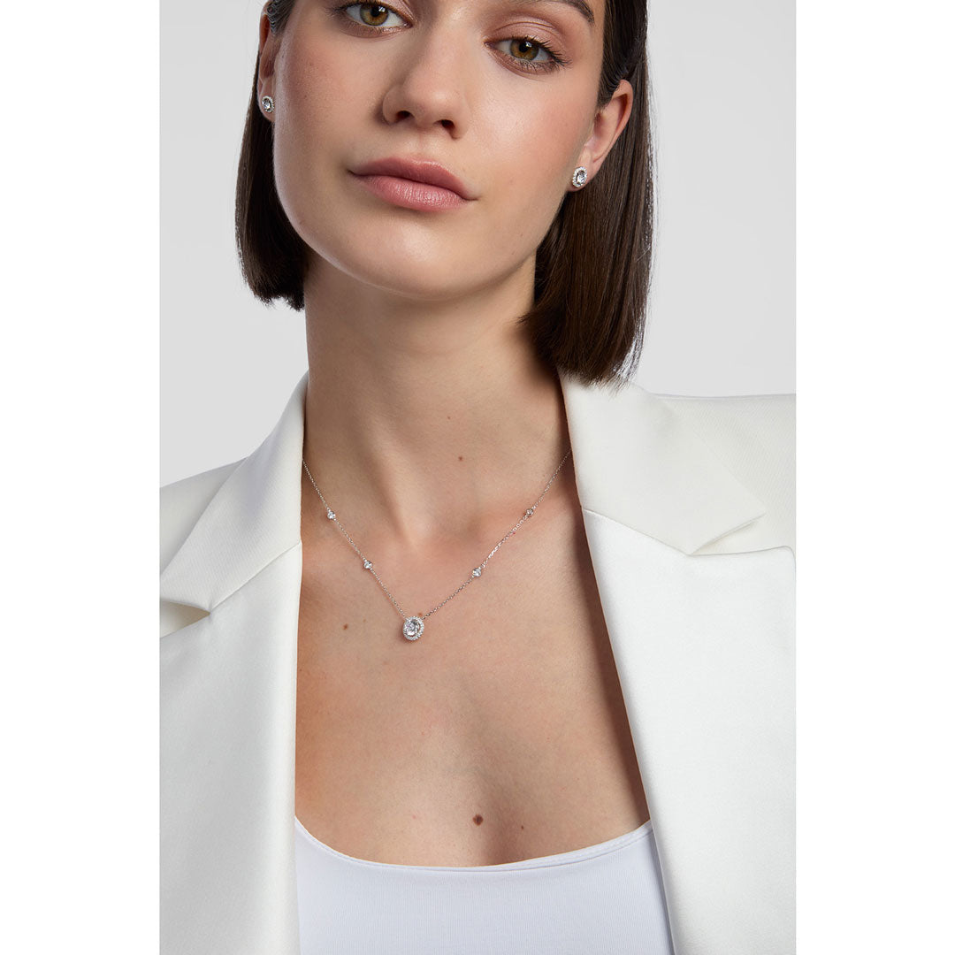 model wearing silver cz cluster necklace