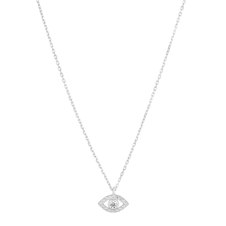 silver evil eye cz necklace on white background