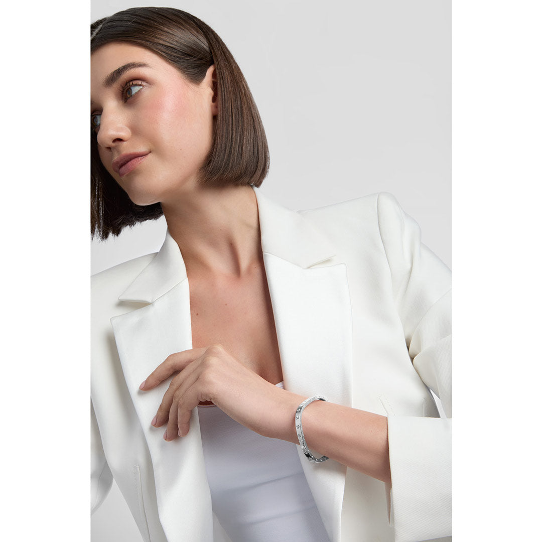 model wearing silver rectangle bangle