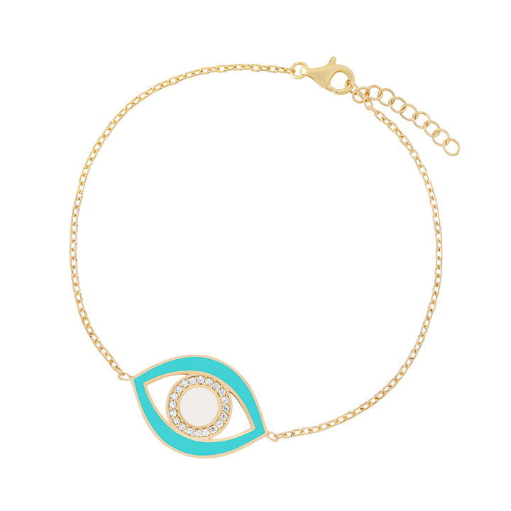 gold plated blue evil eye bracelet on white background