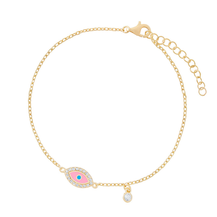 gold plated pink cz evil eye bracelet on white background