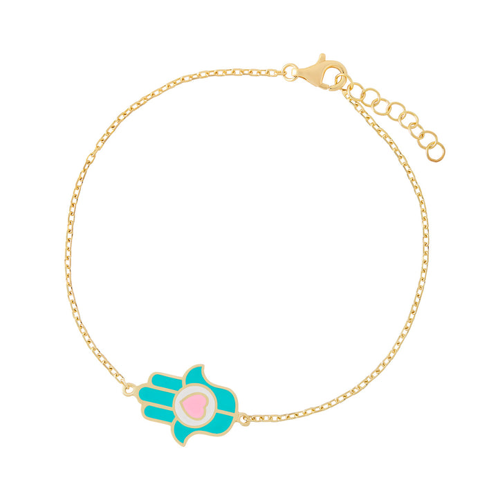 gold plated blue hand of fatima bracelet on white background