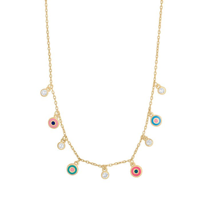 gold plated colourful evil eye charm necklace on white background