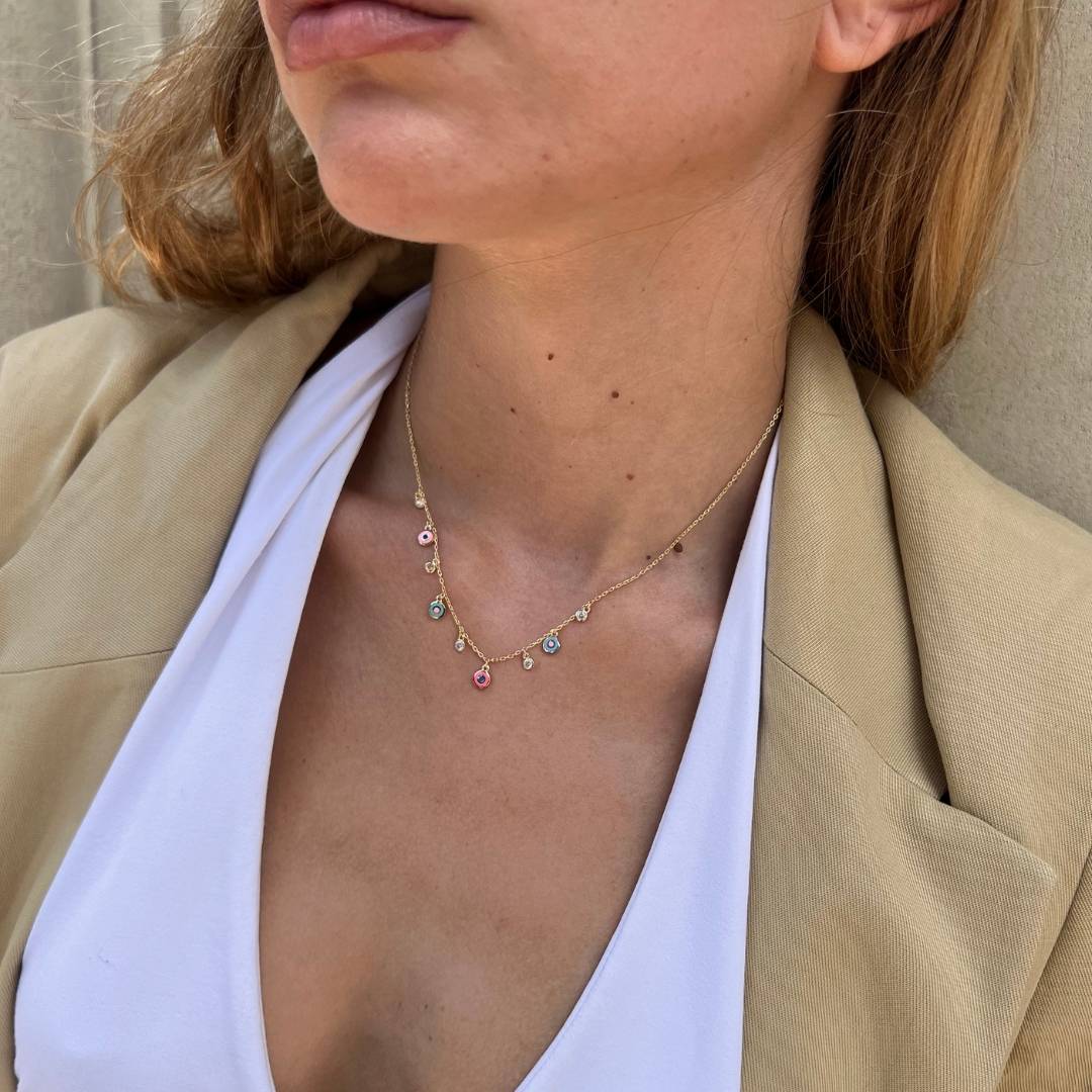 gold plated colourful evil eye charm necklace on model