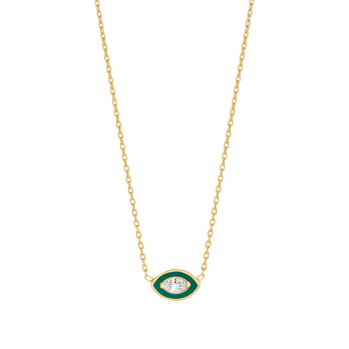 gold plated green cz evil eye necklace on white background