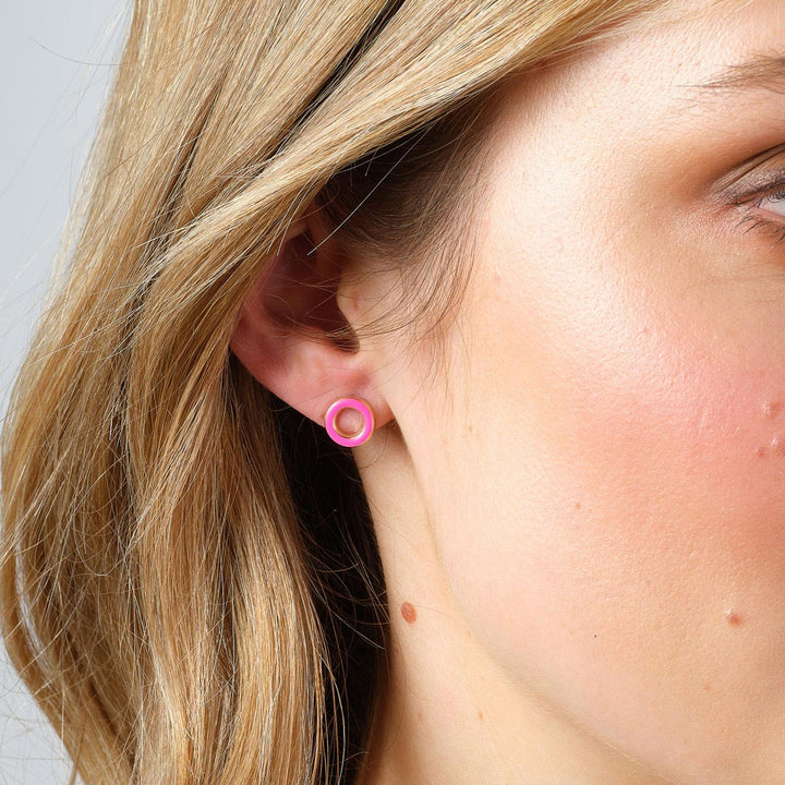 Gold Neon Pink Enamel Open Circle Stud Earrings