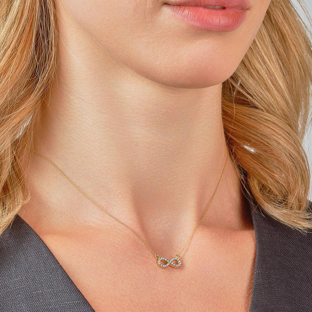 9ct yellow gold diamond infinity necklace on model
