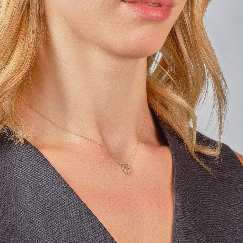 9ct yellow gold diamond clover necklace on model