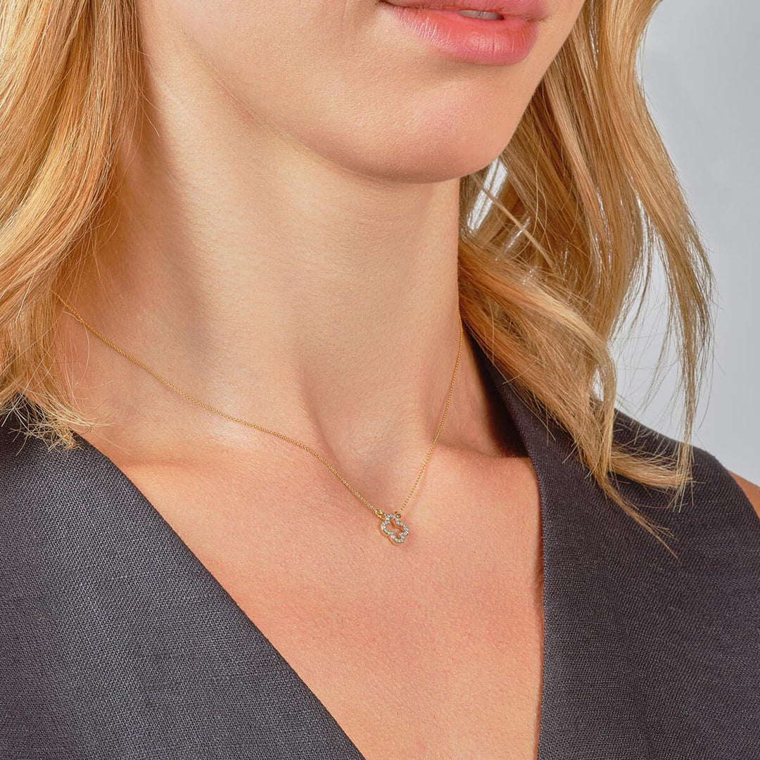 9ct yellow gold diamond clover necklace on model