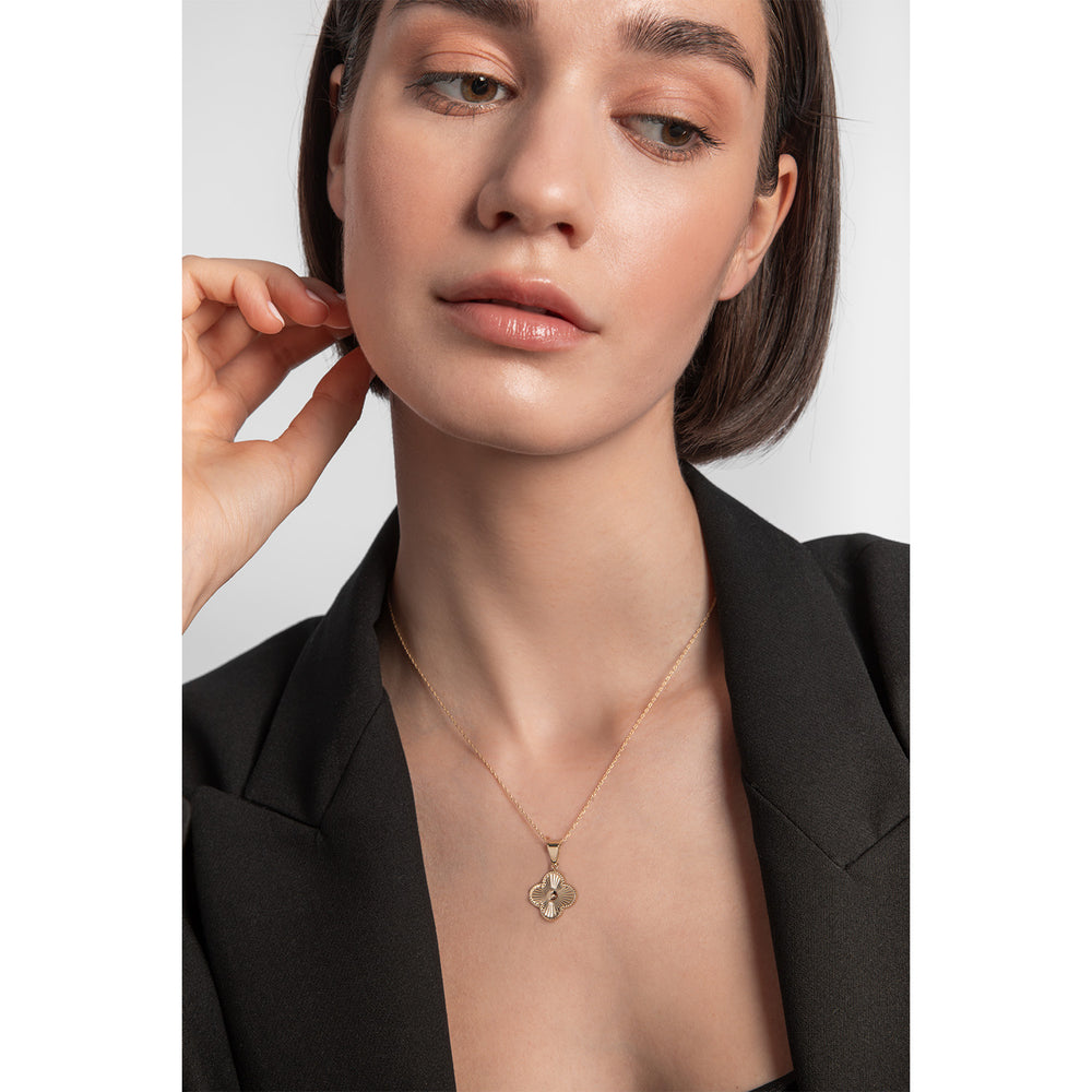 9ct Yellow Gold Textured Clover Pendant on model