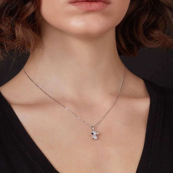 cz angel necklace on a model