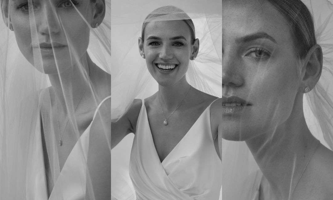 b&w images of model wearing bridal jewellery