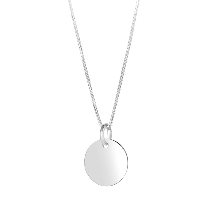 silver engravable 12mm disc necklace on white background