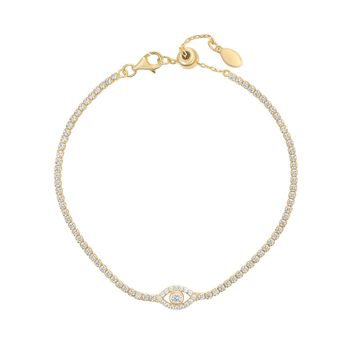 gold plated evil eye cz tennis bracelet on white background