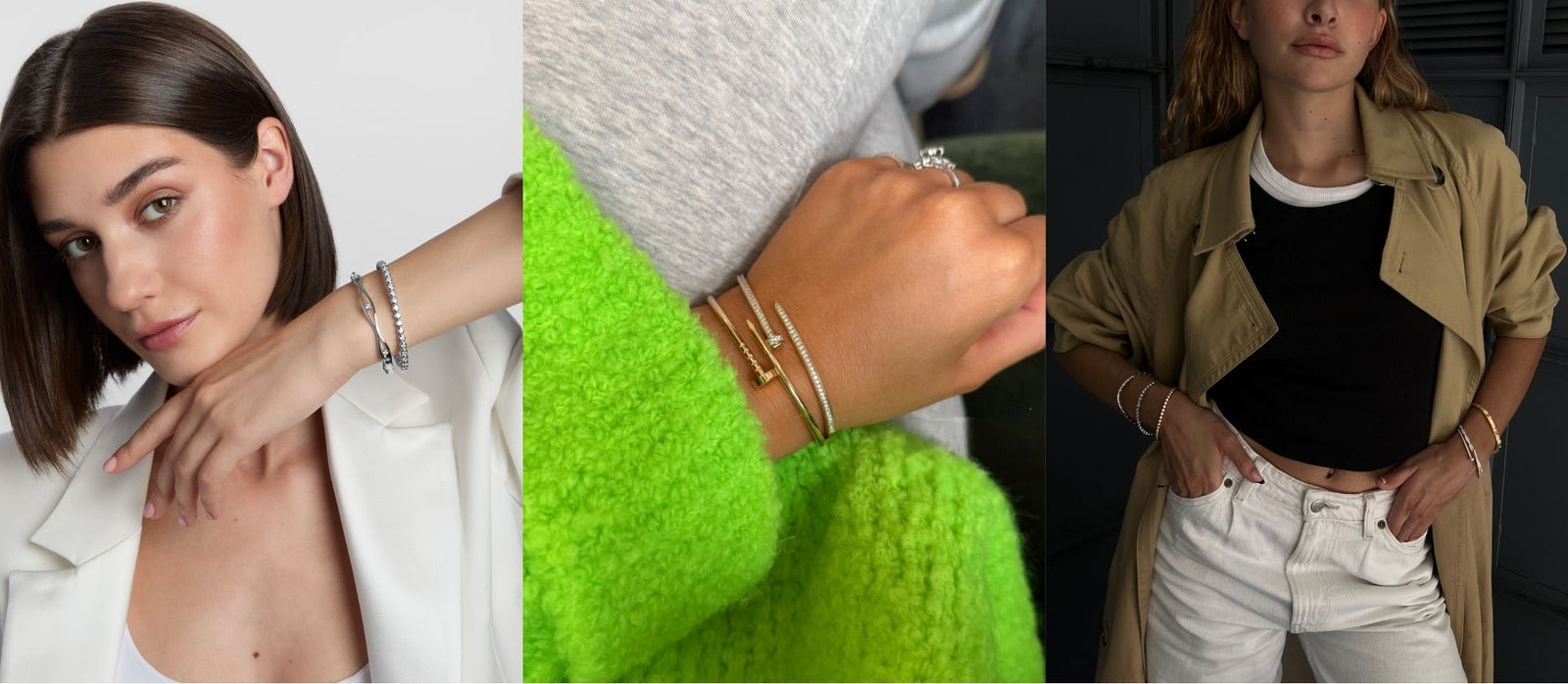 Three images showing models wearing sterling silver and gold bracelet stacks