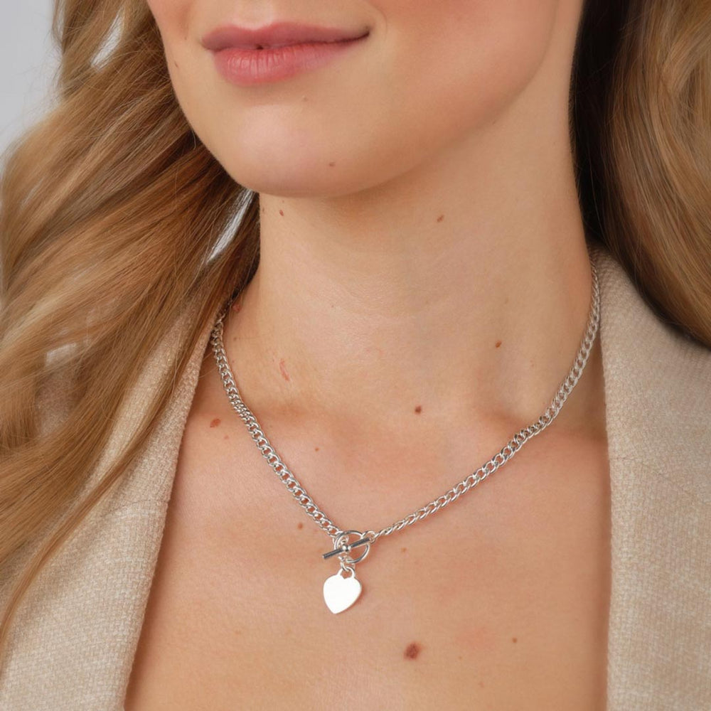 starling silver heart t-bar necklace on a model