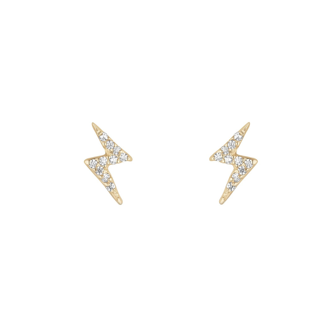 9ct gold cz lightning bolt stud earrings on white background