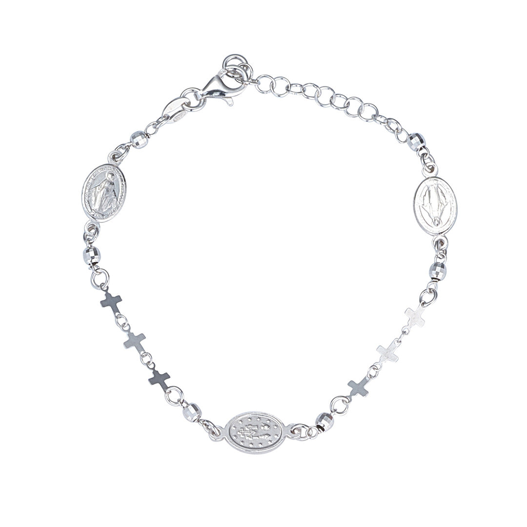 silver miraculous multi cross bracelet on white background