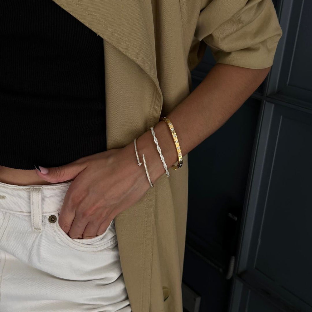 gold plated and sterling silver bangle bracelet stack on model