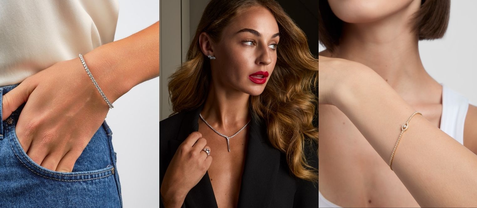 three images of models wearing tennis bracelets and tennis necklaces